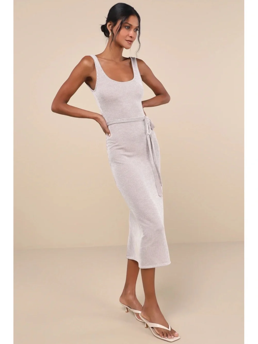 NWT Lulu’s Summer Perfection Taupe and Ivory Striped Ribbed Midi Dress Small